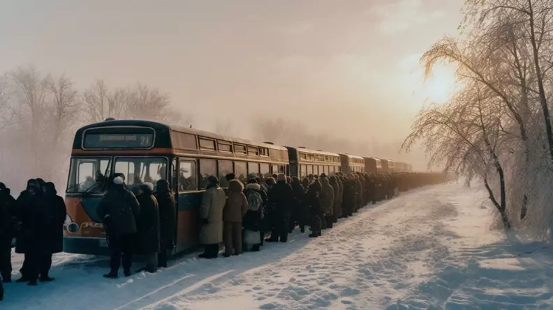 Женщинам пришлось выталкивать застрявший в снегу автобус в Гуково